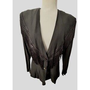 Vtg 90s Judy Knapp Fully Fringed Yoke Black Blazer Cowgirl Style USA size M